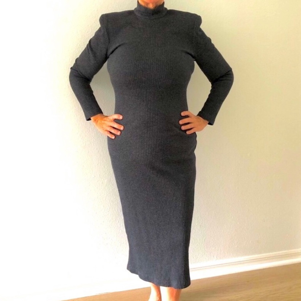 Vintage 80s, Gray, Ribbed Knit, Sweater Dress, Women’s S Long Sleeve, Mock Neck - Picture 5 of 14